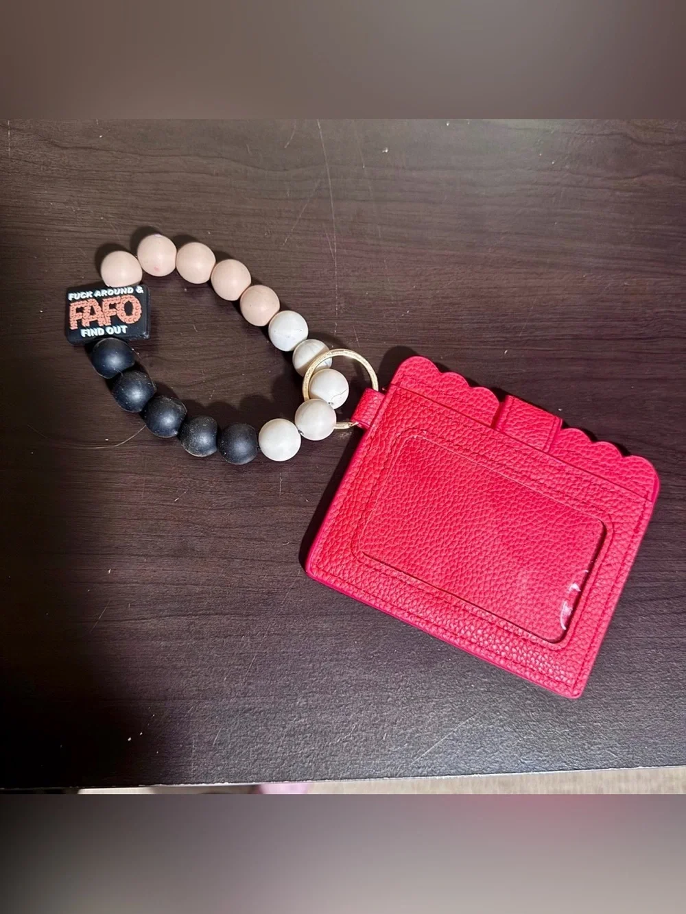 Women's Red Pebbled Leather Card Wallet with Beaded Keyring - Funny - graphic